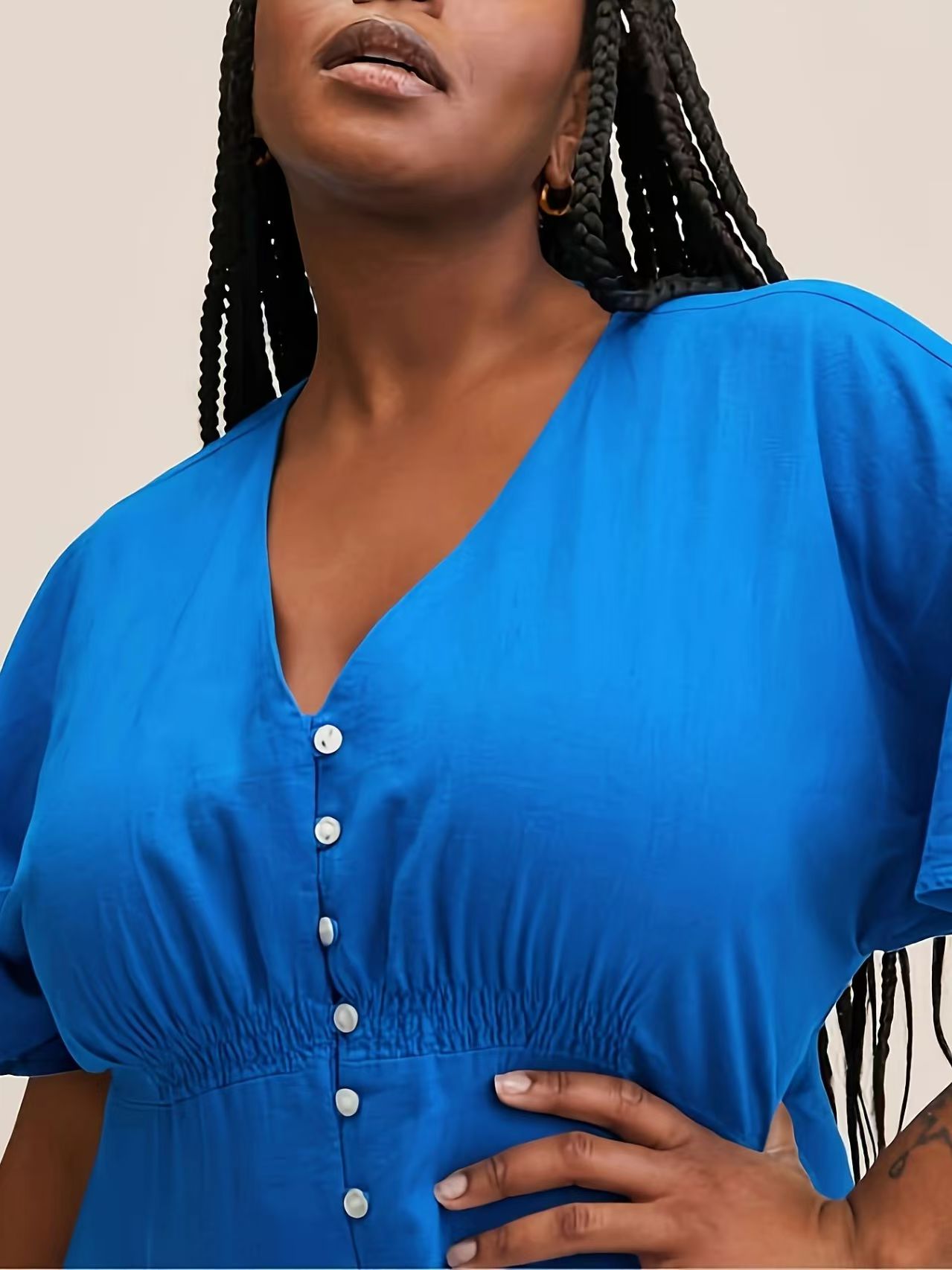 Plus Size Women's Blue V-Neck Flutter Sleeve Maxi Dress Elastic Waist Tummy Control Casual Summer Dress for Ladies