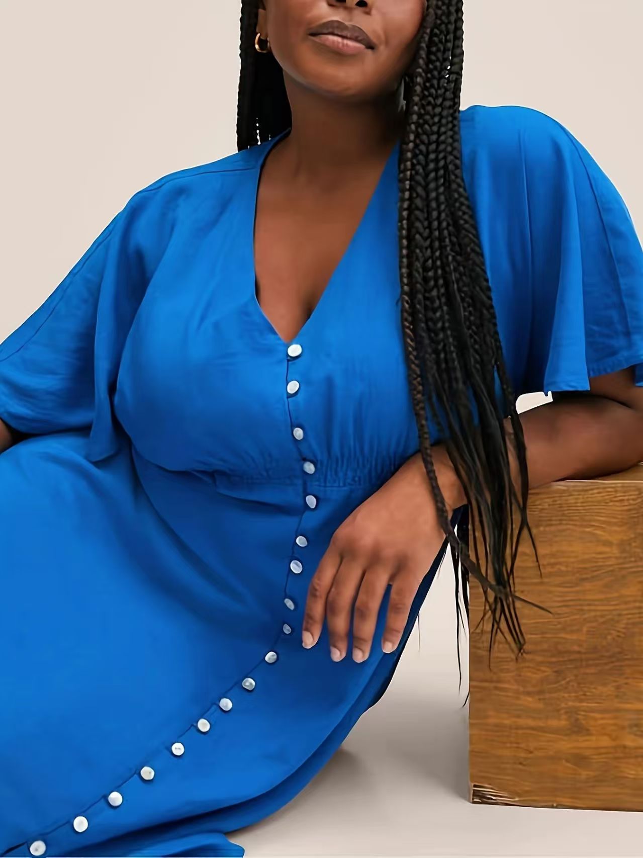 Plus Size Women's Blue V-Neck Flutter Sleeve Maxi Dress Elastic Waist Tummy Control Casual Summer Dress for Ladies