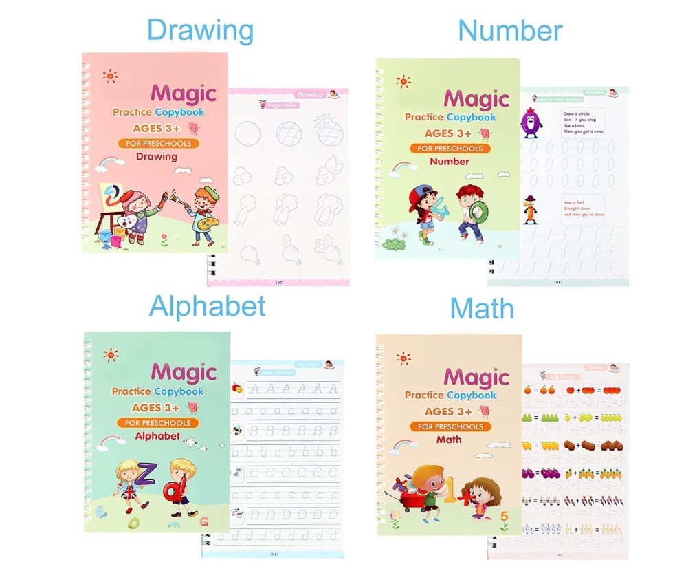 Sank Magic Practice Copybooks Reusable Handwriting Learning Set for Kids Early Education Writing Tracing Books for Numbers Alphabet Math and Drawing with Magic Ink Fading Pages and Guided Stroke Train