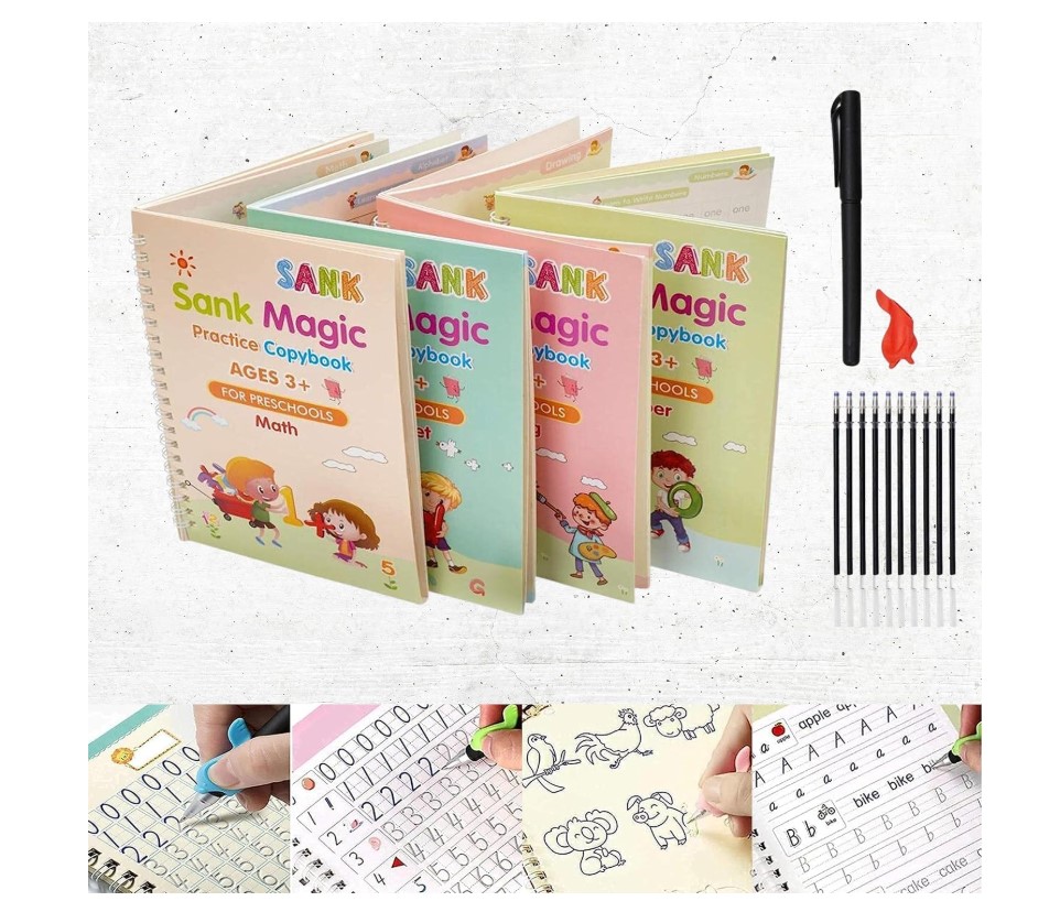 Sank Magic Practice Copybooks Reusable Handwriting Learning Set for Kids Early Education Writing Tracing Books for Numbers Alphabet Math and Drawing with Magic Ink Fading Pages and Guided Stroke Train