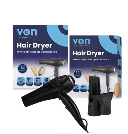 Von Hair Dryer 2000W – Professional Salon-Quality Hair Dryer with 2 Speed & 2 Heat Settings, Cool Shot Function, and Comb Attachments