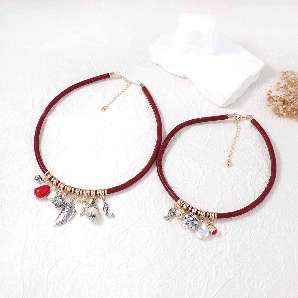 2 Layers Stacked Red Cord Pendant Necklace For Women Ocean Mermaid Fish Conch Pearl Charms Adjustable Fashion Jewelry
