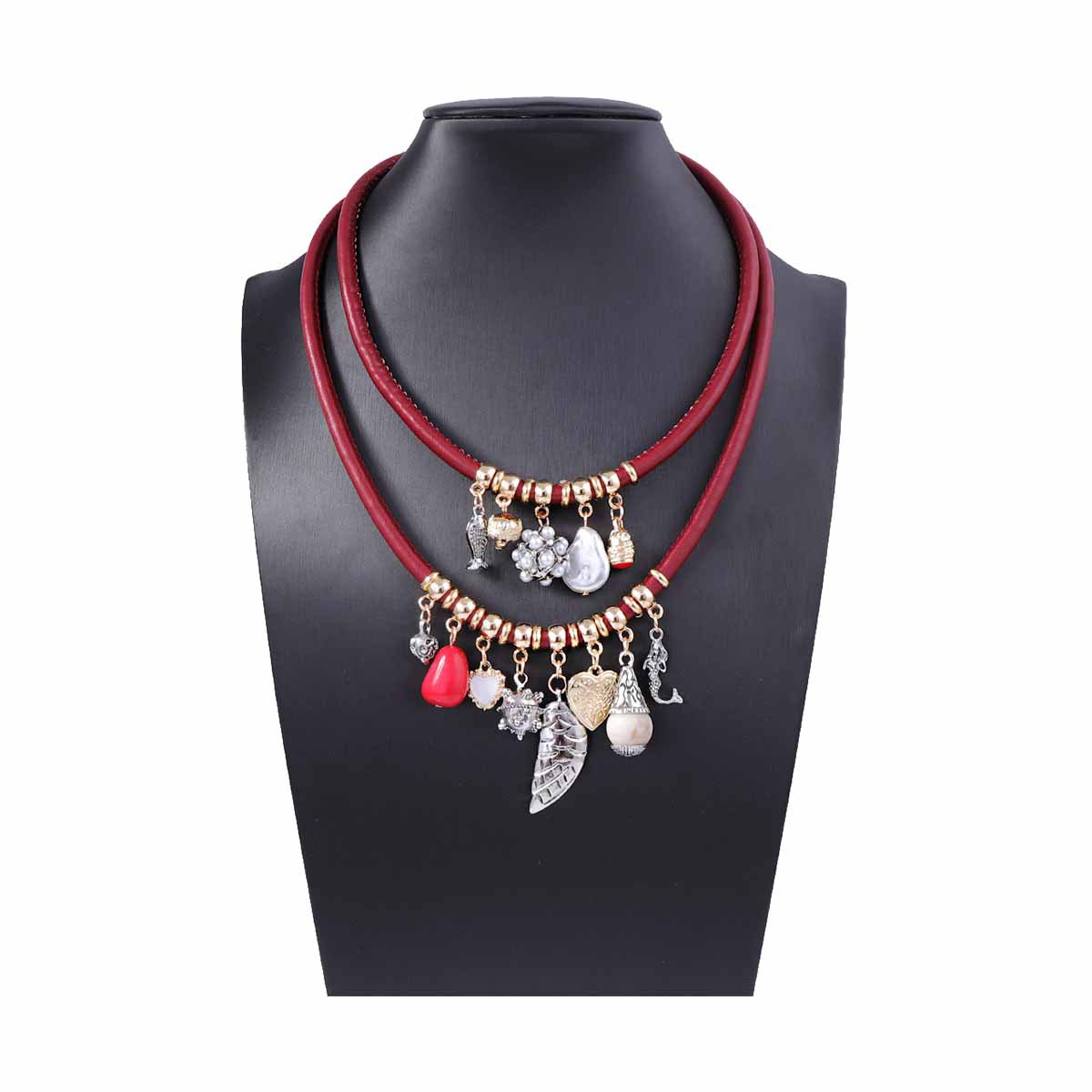 2 Layers Stacked Red Cord Pendant Necklace For Women Ocean Mermaid Fish Conch Pearl Charms Adjustable Fashion Jewelry