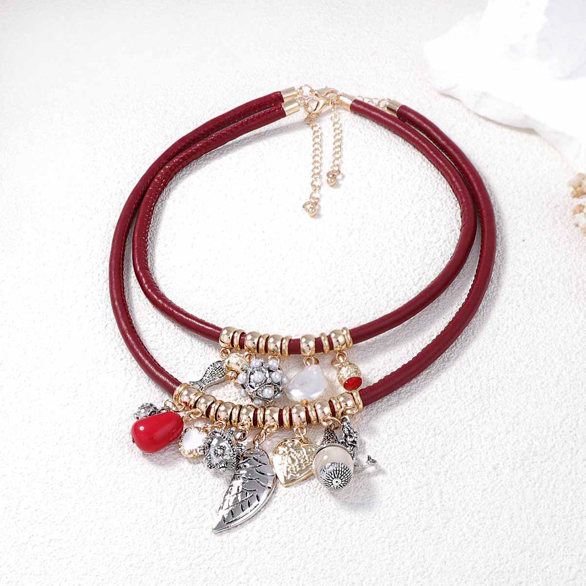 2 Layers Stacked Red Cord Pendant Necklace For Women Ocean Mermaid Fish Conch Pearl Charms Adjustable Fashion Jewelry
