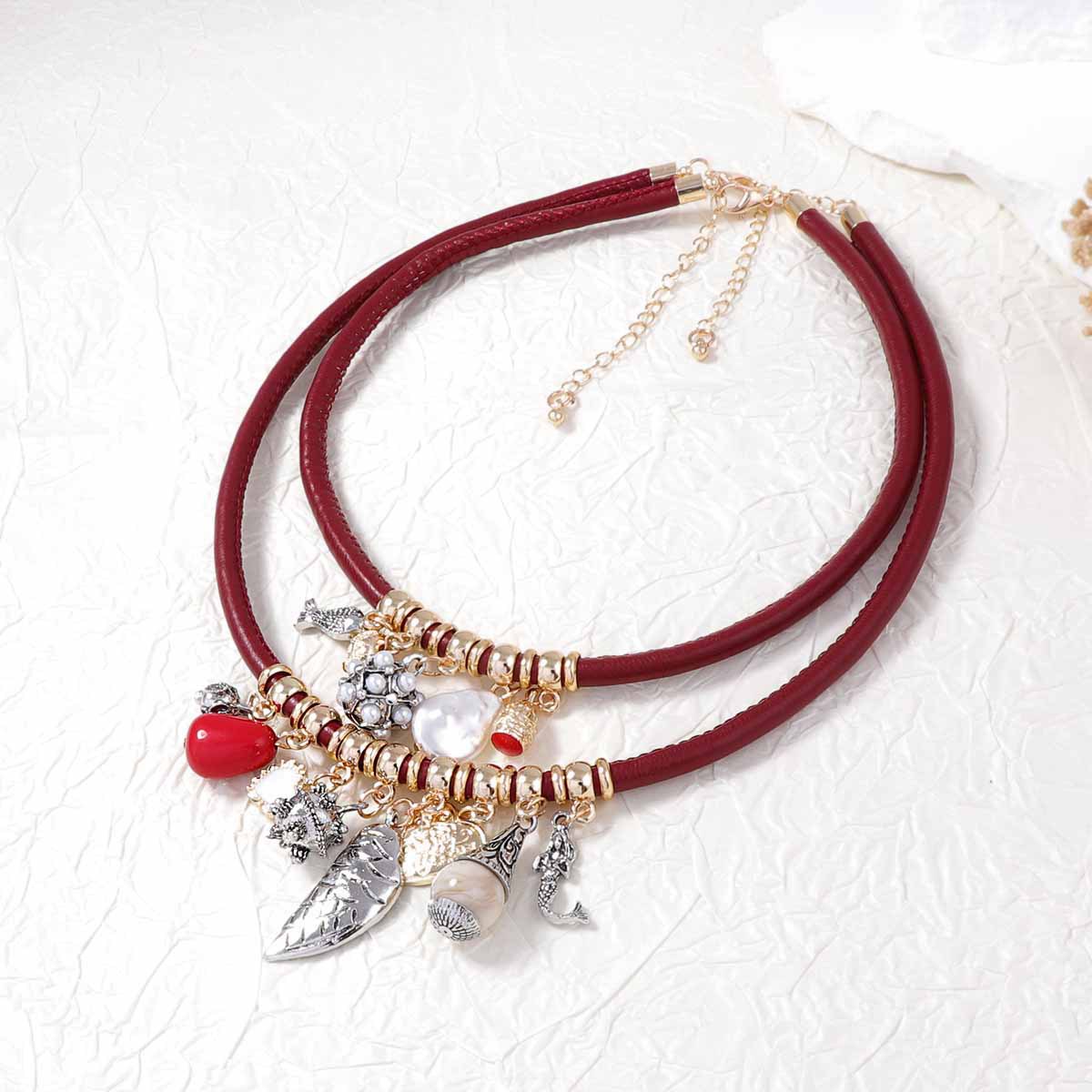 2 Layers Stacked Red Cord Pendant Necklace For Women Ocean Mermaid Fish Conch Pearl Charms Adjustable Fashion Jewelry