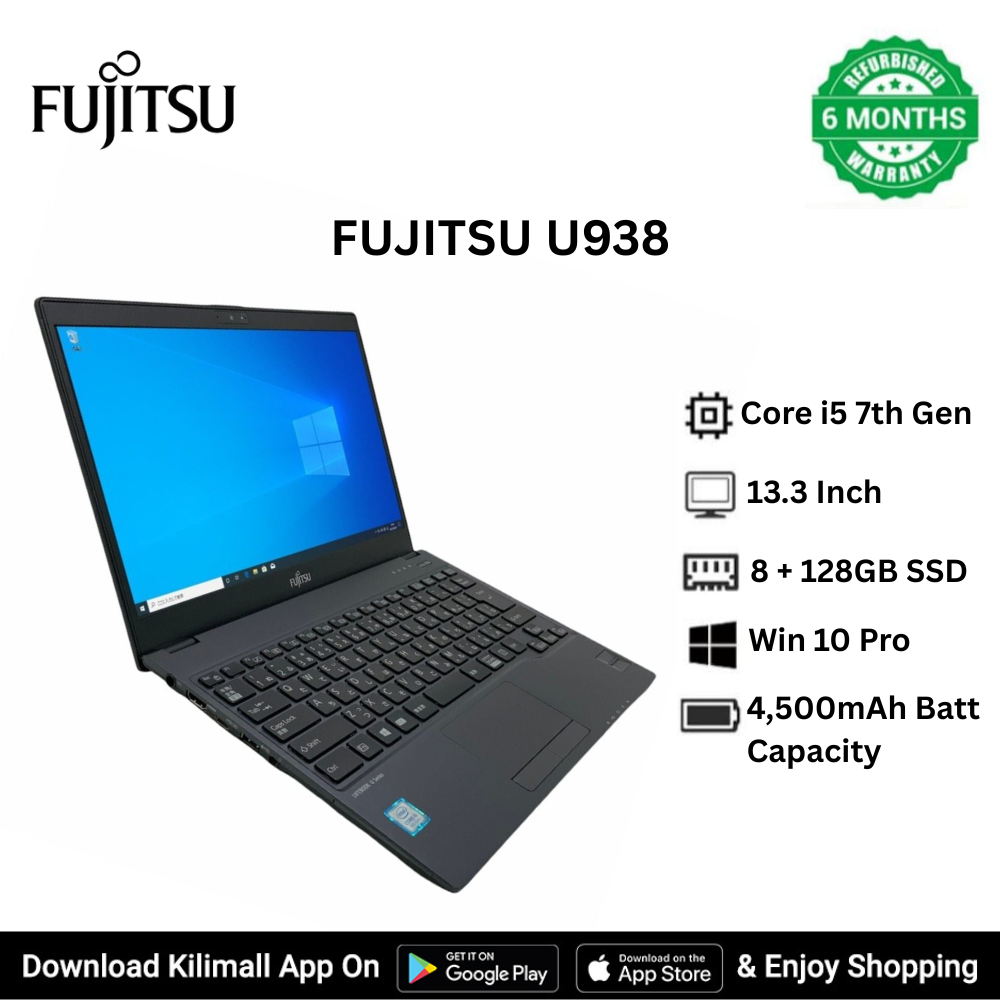 Refurbished FUJITSU U938 Laptop Core i5 8th Generation 1.75 GHz 8 GB RAM 256GB SSD 13.3 inch Fingerprint Authentication Full HD Display Ultra-Light 22 lbs Windows 10 Pro HDMI USB Ethernet ports