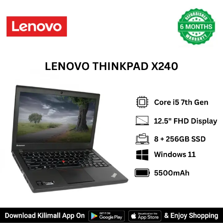 Refurbished Lenovo ThinkPad X240 Intel Core i5 7th Gen laptop 8GB RAM 256GB SSD 12.5 inch FHD display lightweight student business laptop USB 3.0 HDMI VGA Wi-Fi port Bluetooth HD webcam Intel Graphics