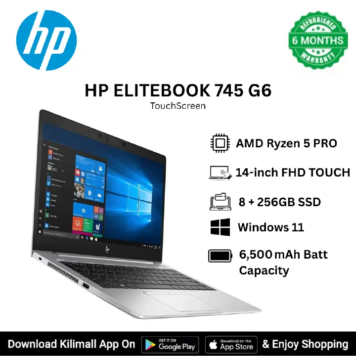 Refurbished HP EliteBook 745 G6 AMD Ryzen 5 Pro 8GB RAM 256GB SSD 2GB Radeon Graphics 14-inch TOUCHSCREEN Full HD Display Laptop with USB 3.0 SIM Card Slot HDMI VGA Wi-Fi ports Bluetooth HD Webcam