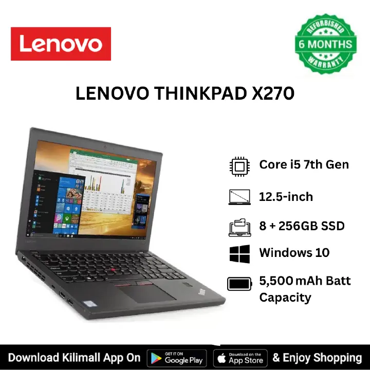 Refurbished Lenovo ThinkPad X270 Intel Core i5 7th Gen 8GB RAM 256GB SSD 12.2-inch FHD TOUCHSCREEN Display Lightweight Student business laptop USB 3.0 HDMI Wi-Fi ports Bluetooth HD webcam Intel HD