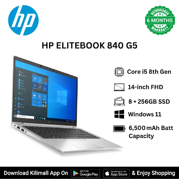 Refurbished HP Elitebook 840 G5 Laptop Intel Core i5 8th Gen 8GB RAM 256GB SSD Windows 11 NON-TOUCH Frameless 14-inch FHD anti-glare Display Quad Core Processor backlit keyboard HDMI Webcam Ultra Slim