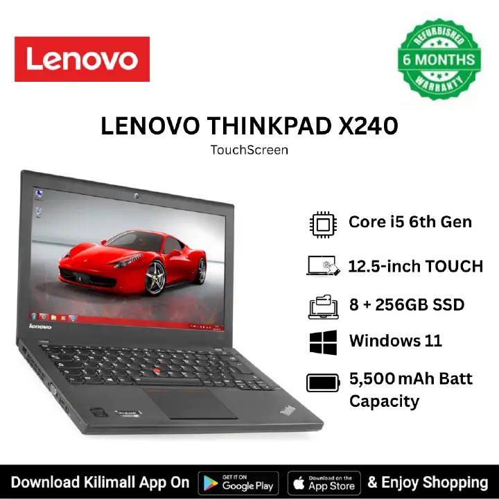 Refurbished Lenovo ThinkPad X240 Intel Core i5 6th Gen laptop 8GB RAM 256GB SSD 12.5-inch anti-glare HD touchscreen Display USB 3.0 HDMI VGA Wi-Fi ports Bluetooth HD webcam Intel HD Graphics