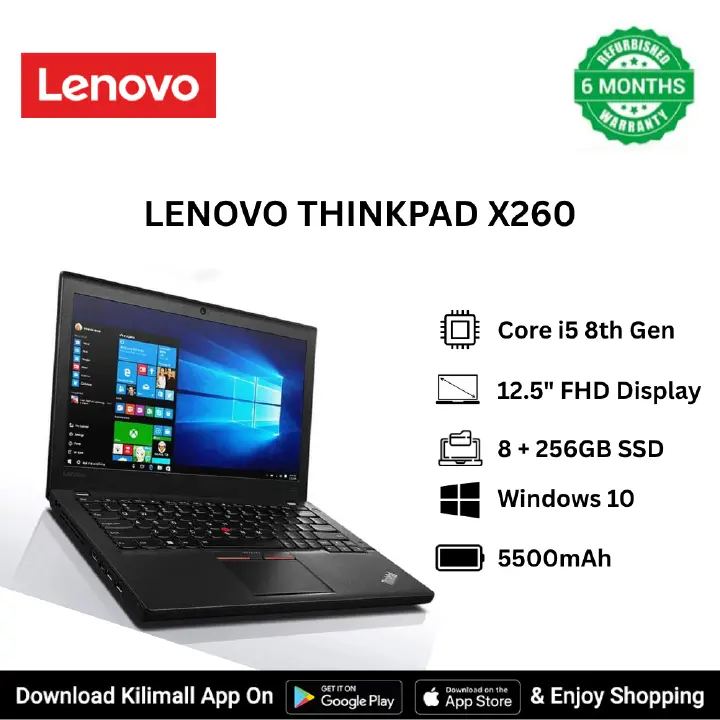 Refurbished Lenovo ThinkPad X260 Intel Core i5 8th Gen 8GB RAM 256GB SSD 12.5-inch FHD Display Lightweight Laptop good for Students & Business USB 3.0 HDMI VGA Wi-Fi ports Bluetooth HD webcam