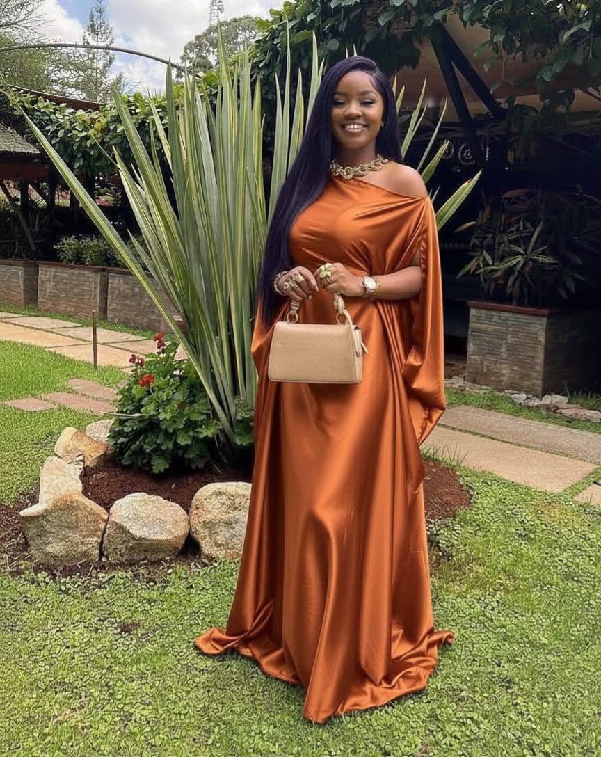 Elegant Ladies One-Shoulder Satin Kaftan Maxi Gown with Draped Cape Sleeve Free Size