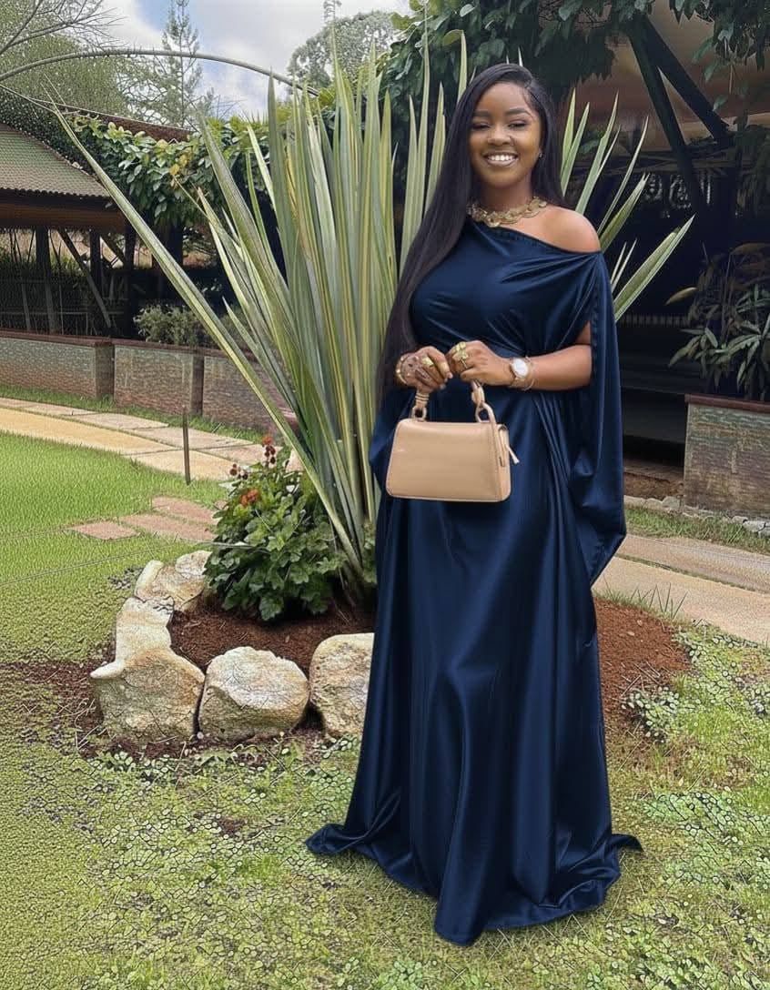 Elegant Ladies One-Shoulder Satin Kaftan Maxi Gown with Draped Cape Sleeve Free Size