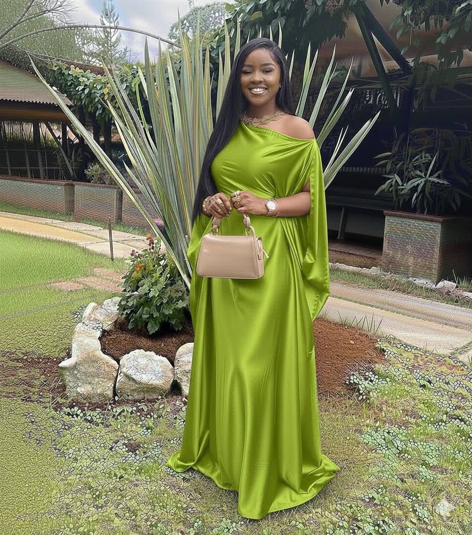 Elegant Ladies One-Shoulder Satin Kaftan Maxi Gown with Draped Cape Sleeve Free Size