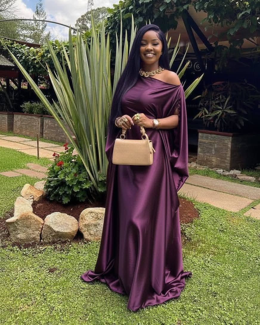 Elegant Ladies One-Shoulder Satin Kaftan Maxi Gown with Draped Cape Sleeve Free Size