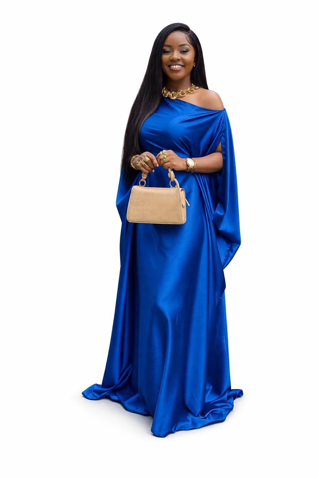 Elegant Ladies One-Shoulder Satin Kaftan Maxi Gown with Draped Cape Sleeve Free Size