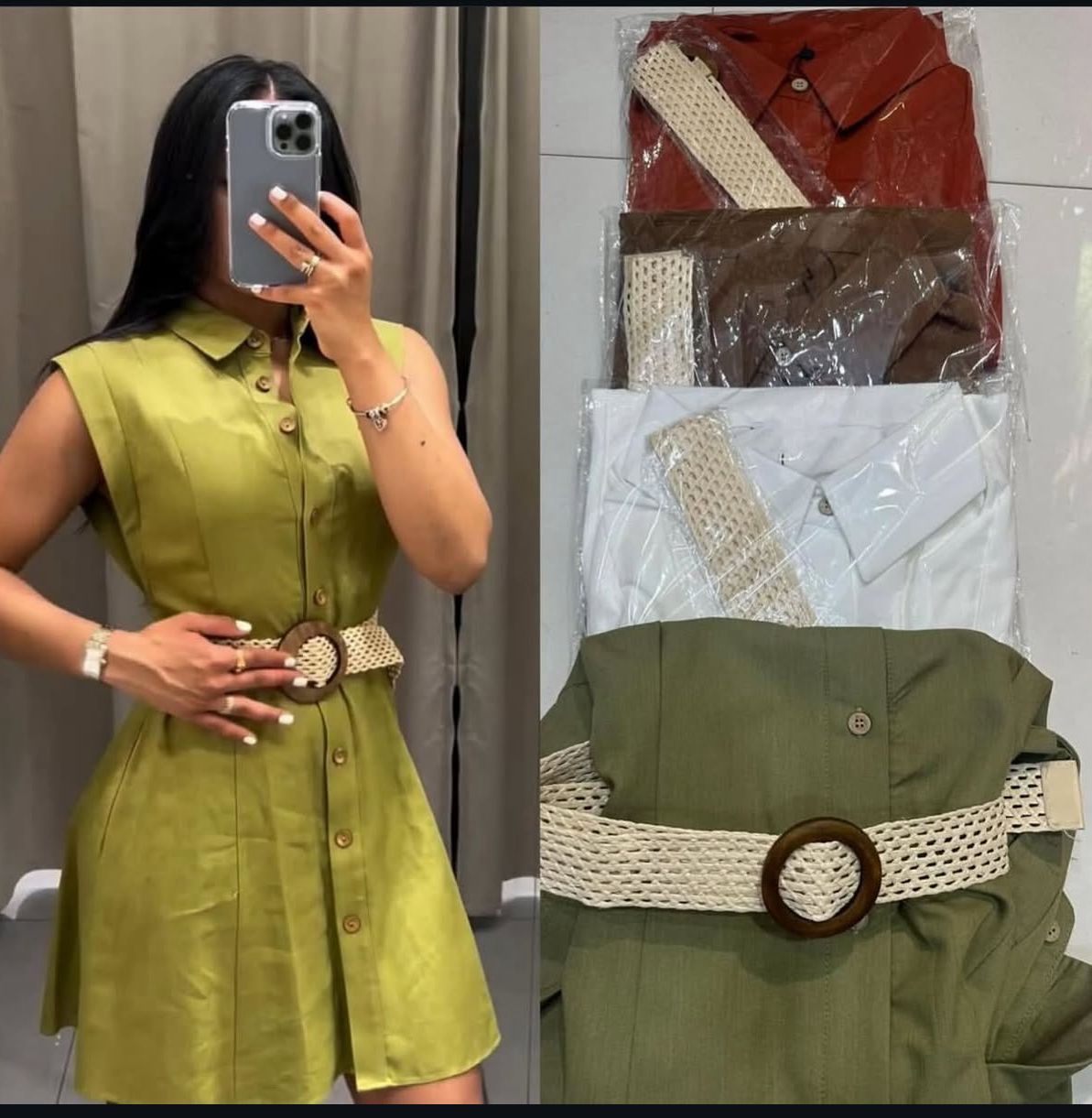 Ladies Elegant Olive Luxe Belted Button-Down Midi Dress- Khaki Material short sleeve size L to 2xl