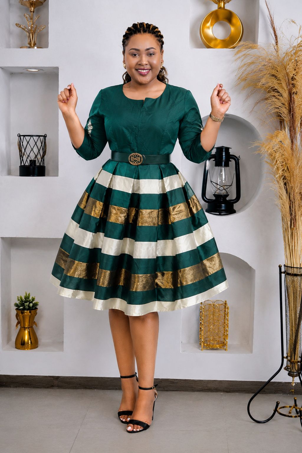 Elegant Ladies Fit-and-Flare Midi Dress with Luxurious Gold and Cream Striped Skirt Detailing size M to 3xl