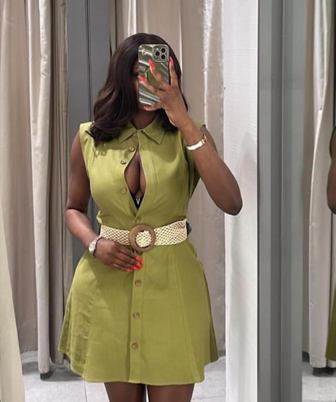 Ladies Elegant Olive Luxe Belted Button-Down Midi Dress- Khaki Material short sleeve size L to 2xl