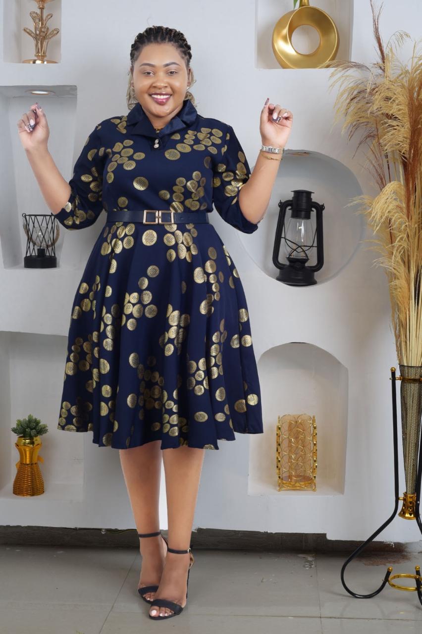 Elegant Ladies Fit-and-Flare Midi Dress with Luxurious Gold and Cream Striped Skirt Detailing size M to 3xl