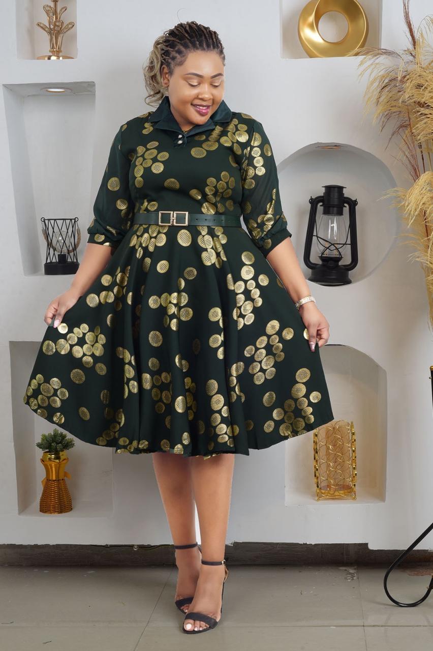 Elegant Ladies Fit-and-Flare Midi Dress with Luxurious Gold and Cream Striped Skirt Detailing size M to 3xl