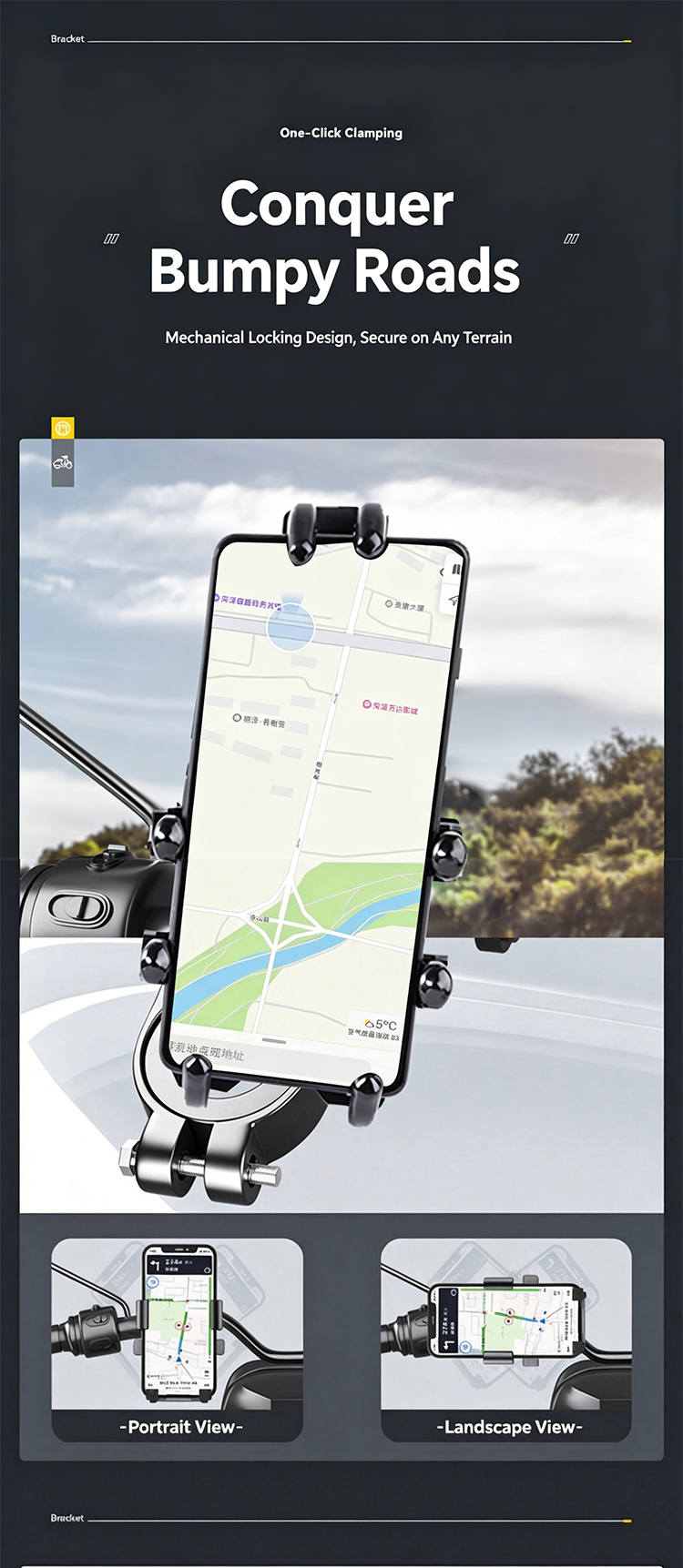 【Secure Grip + 360° Rotatable】Durable Universal Bike Motorcycle E-Scooter Phone Holder, Firm Anti-Slip Handlebar Mount for 4.7-7.2 Inch Phones