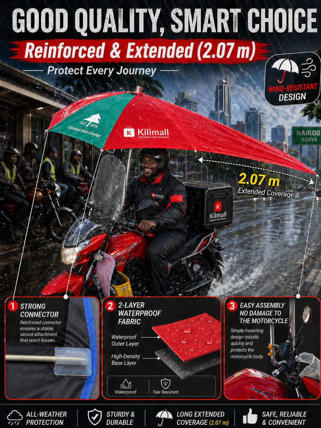 🌧️ 2.07m XL Boda Boda Umbrella Cover 🌧️☀️
⭐️Kilimall Exclusive · Quality Checked by Platform
✅Reinforced Frame | ☀️Sun & Rain Protection