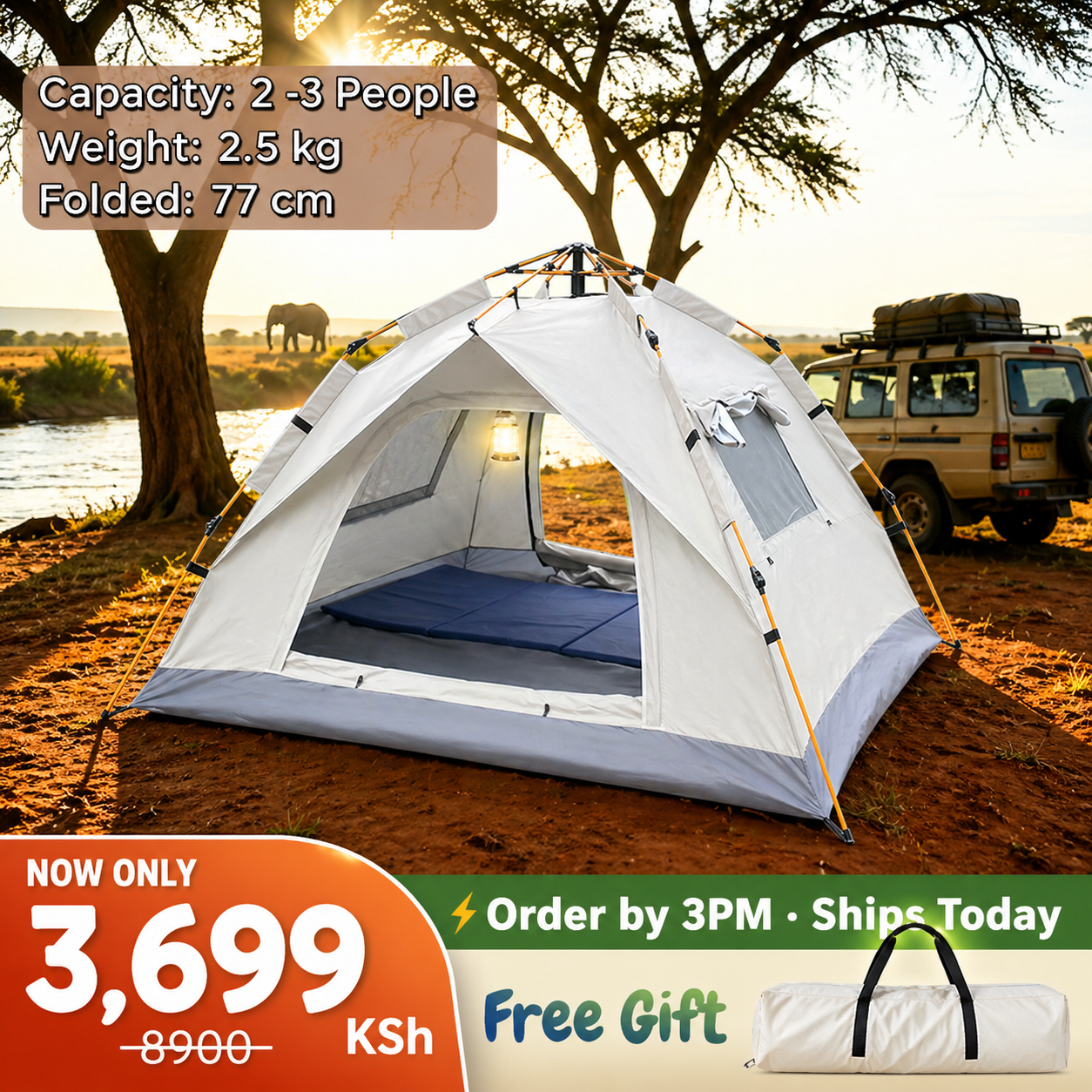 🔥Only 3 Left🔥Exclusive Safari Tent 
 2m × 1.5m | 2 Doors & 2 Windows 
 Spacious for 2–3 People | Fast Setup Camping Tent