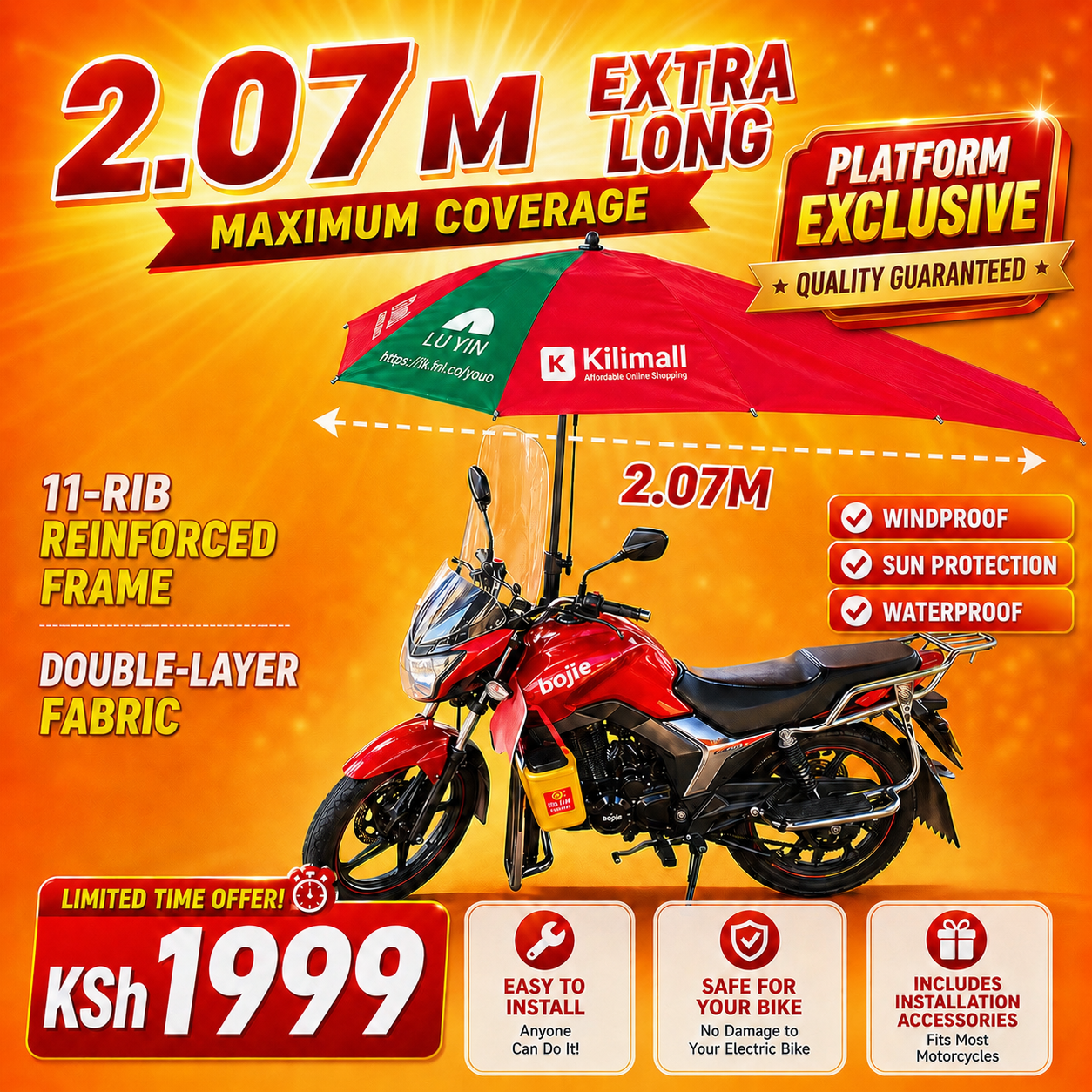 🌧️ 2.07m XL Boda Boda Umbrella Cover 🌧️☀️
⭐️Kilimall Exclusive · Quality Checked by Platform
✅Reinforced Frame | ☀️Sun & Rain Protection