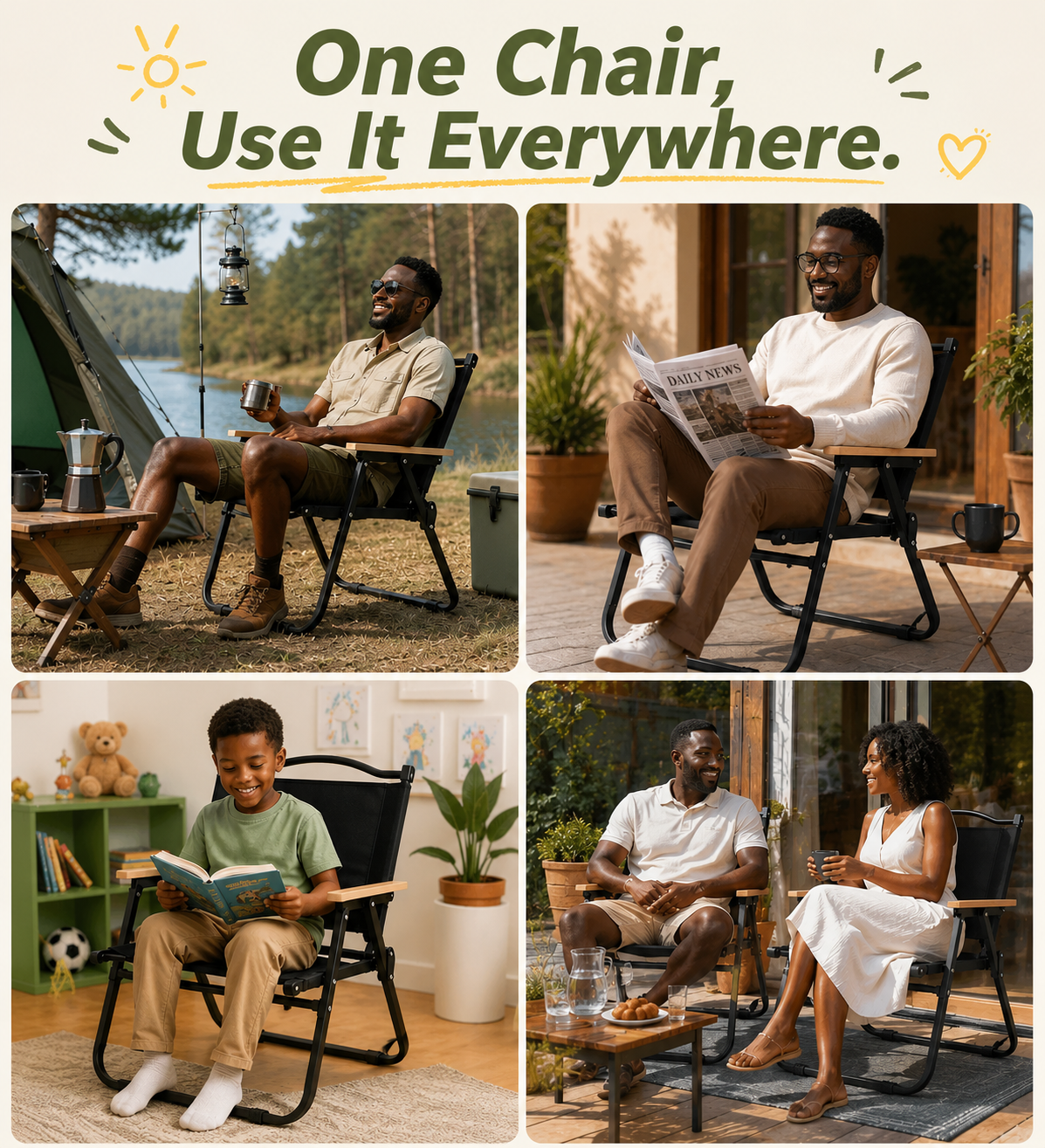 180kg Load Capacity, Multi-functional Folding Kemet Chair – Easy Stackable & Portable
For Camping, Home Use, with High-End Quality