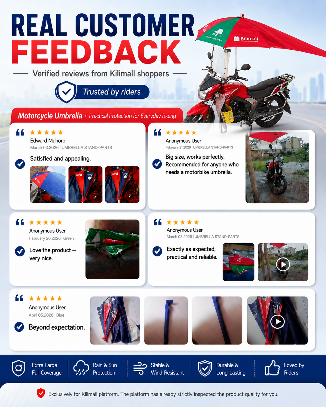 🌧️ 2.07m XL Boda Boda Umbrella Cover 🌧️☀️
⭐️Kilimall Exclusive · Quality Checked by Platform
✅Reinforced Frame | ☀️Sun & Rain Protection