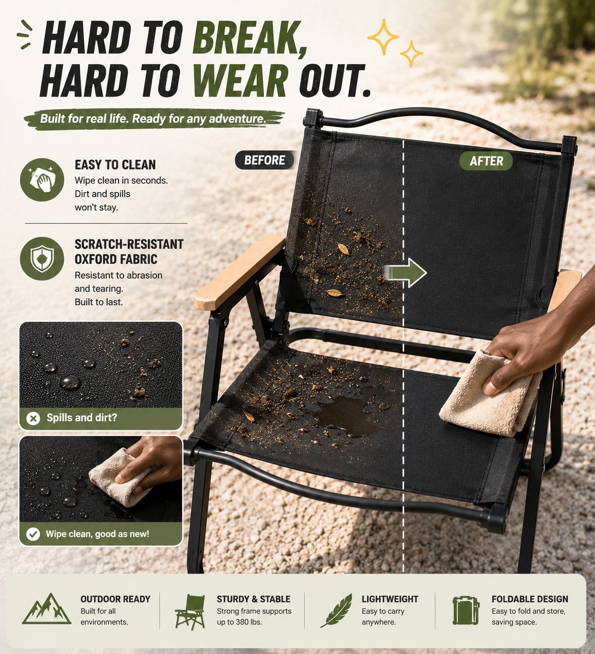 180kg Load Capacity, Multi-functional Folding Kemet Chair – Easy Stackable & Portable
For Camping, Home Use, with High-End Quality