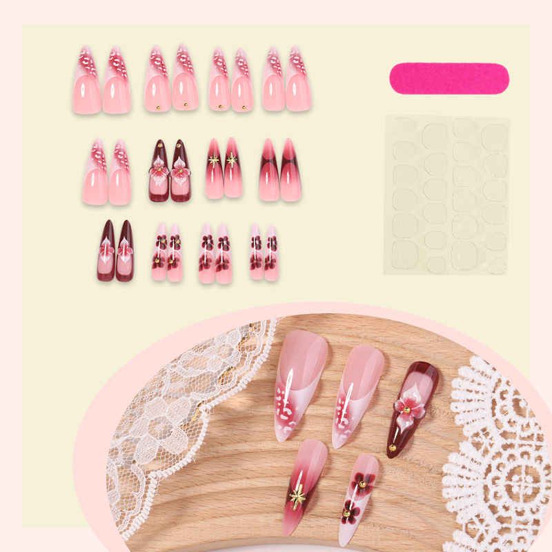 24Pcs Long Stiletto Press On Nails 3D Flower French Tip Gold Handmade False Nails Artificial Nail Tips Full Cover view 7
