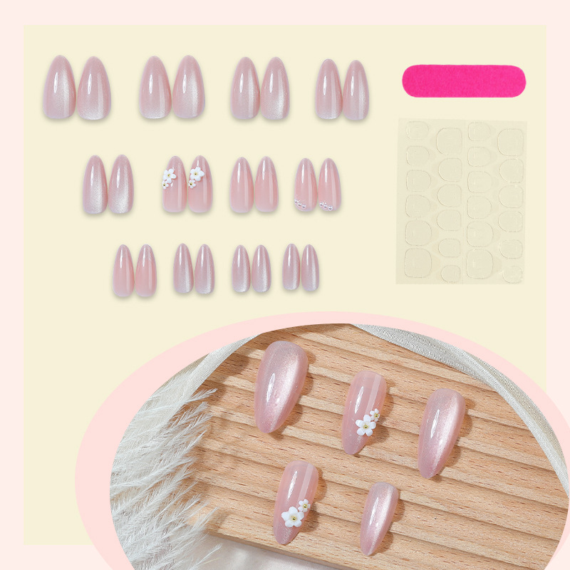 Cross Border Cat Eye Gentle Style Pink Wearable Nails 3D Flower White French Tip Handmade Medium Long Cute False Nails view 2