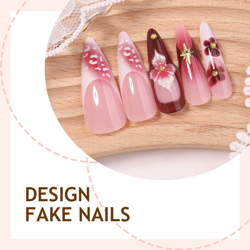 24Pcs Long Stiletto Press On Nails 3D Flower French Tip Gold Handmade False Nails Artificial Nail Tips Full Cover view 3