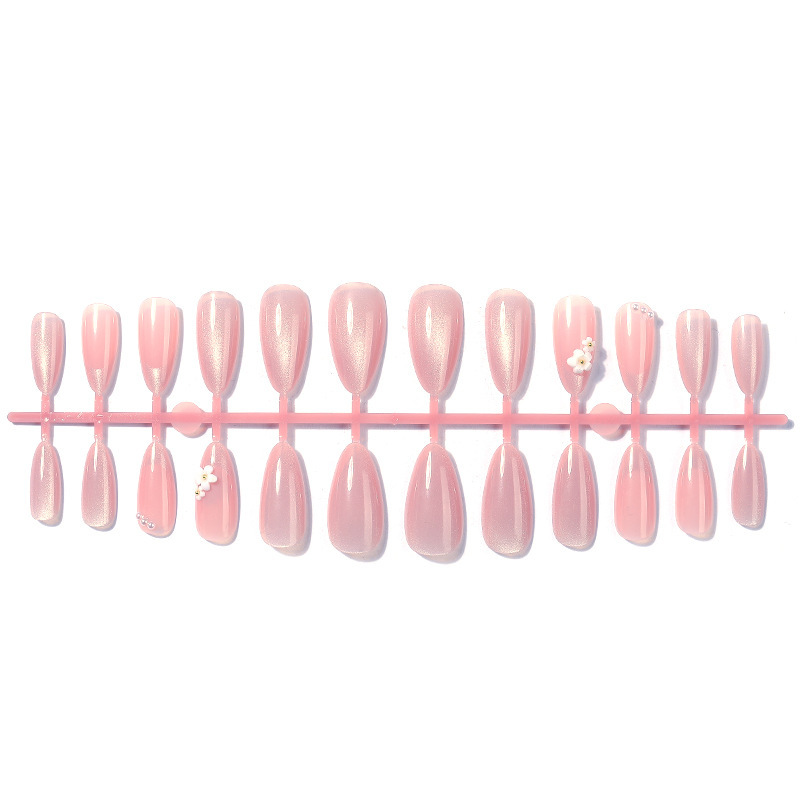 Cross Border Cat Eye Gentle Style Pink Wearable Nails 3D Flower White French Tip Handmade Medium Long Cute False Nails view 5