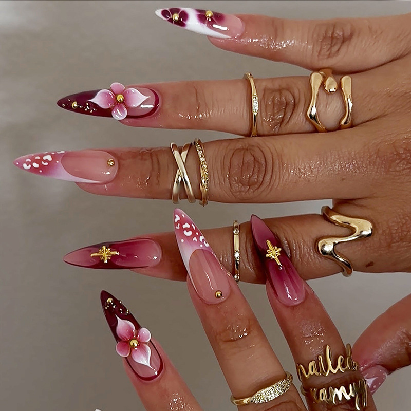 24Pcs Long Stiletto Press On Nails 3D Flower French Tip Gold Handmade False Nails Artificial Nail Tips Full Cover