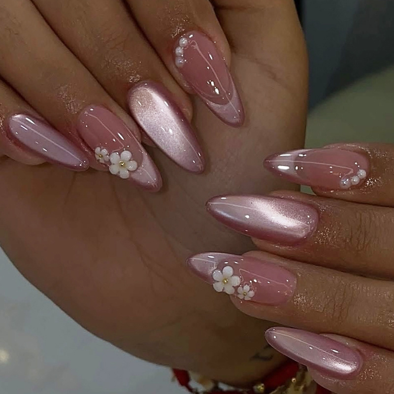 Cross Border Cat Eye Gentle Style Pink Wearable Nails 3D Flower White French Tip Handmade Medium Long Cute False Nails