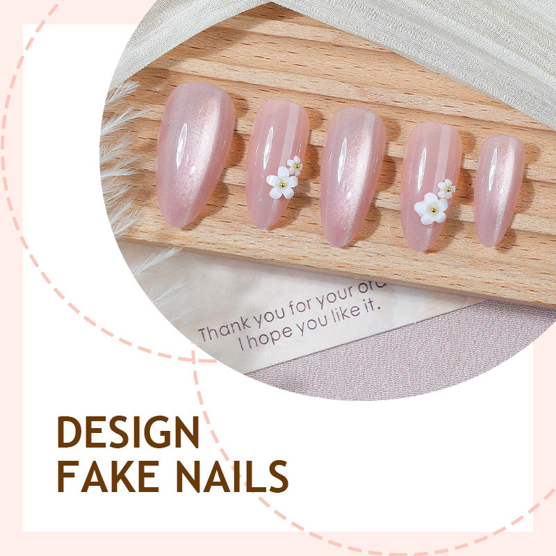 Cross Border Cat Eye Gentle Style Pink Wearable Nails 3D Flower White French Tip Handmade Medium Long Cute False Nails view 3