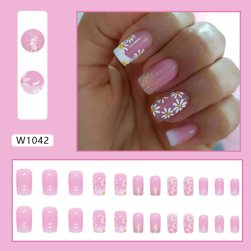 24Pcs/set Medium Length French Fake Nails Blue Pink Halo Glossy False Nail Artificial Acrylic Press On Nails Art tips Removable E0110 view 7