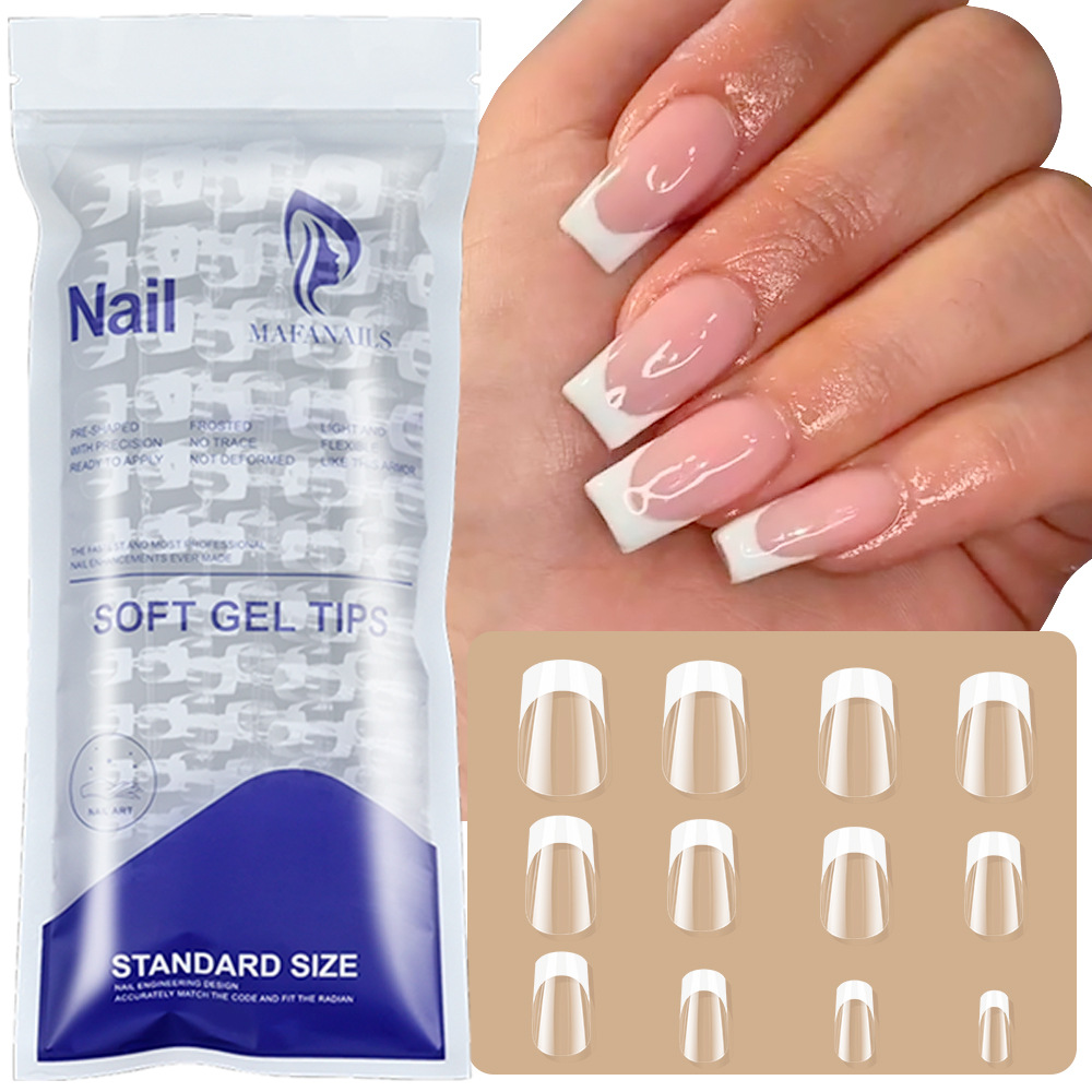 120Pcs Medium Almond French Fake Nails White Edge Design Clear Press On Nails Detachable Wearable False Nails Tip For Women Wear E0103