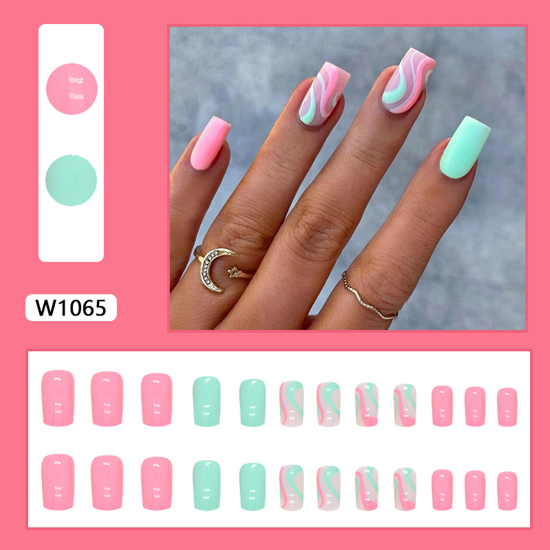 24Pcs/set Medium Length French Fake Nails Blue Pink Halo Glossy False Nail Artificial Acrylic Press On Nails Art tips Removable E0110 view 5