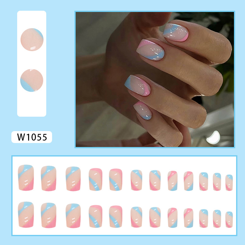 24Pcs/set Medium Length French Fake Nails Blue Pink Halo Glossy False Nail Artificial Acrylic Press On Nails Art tips Removable E0110 view 6