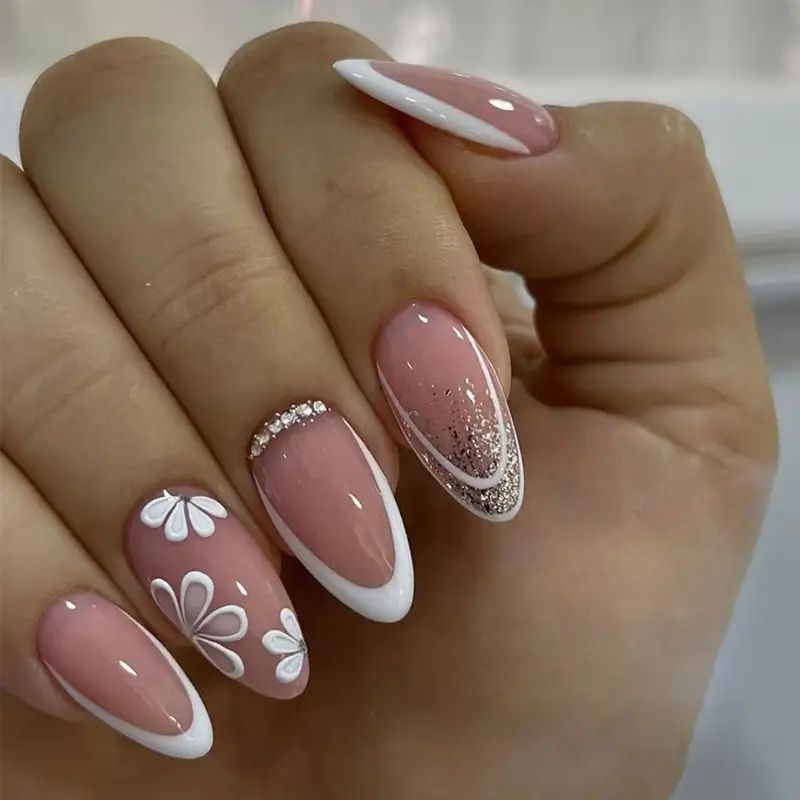 24Pcs Wearable French Fake Nails with Glue Simple Almond False Nails White Edge Design Short Full Cover Oval Nails Set Press On E0116 view 8