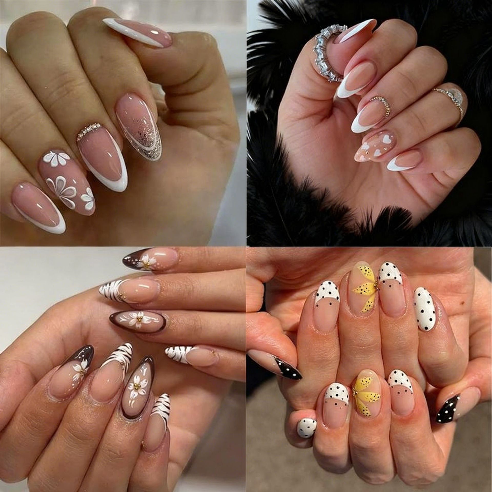 24Pcs Wearable French Fake Nails with Glue Simple Almond False Nails White Edge Design Short Full Cover Oval Nails Set Press On E0116