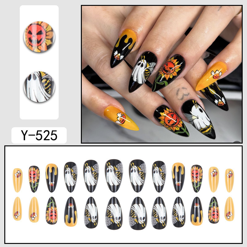 Halo Dyeing Bloodstain Design Long Pointed False Nails Halloween Detachable Finished Fake Nails Press on Nails with Jelly Glue  E0143A view 2