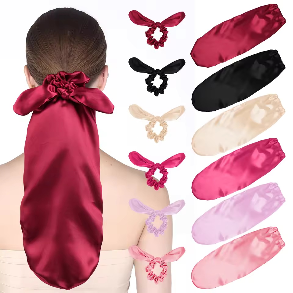 Satin Sleep Cap with Hair Bow Scrunchies, Soft Long Hair Bonnet for Long Hair, Hair Protector for Daily Use & Nighttime E0302