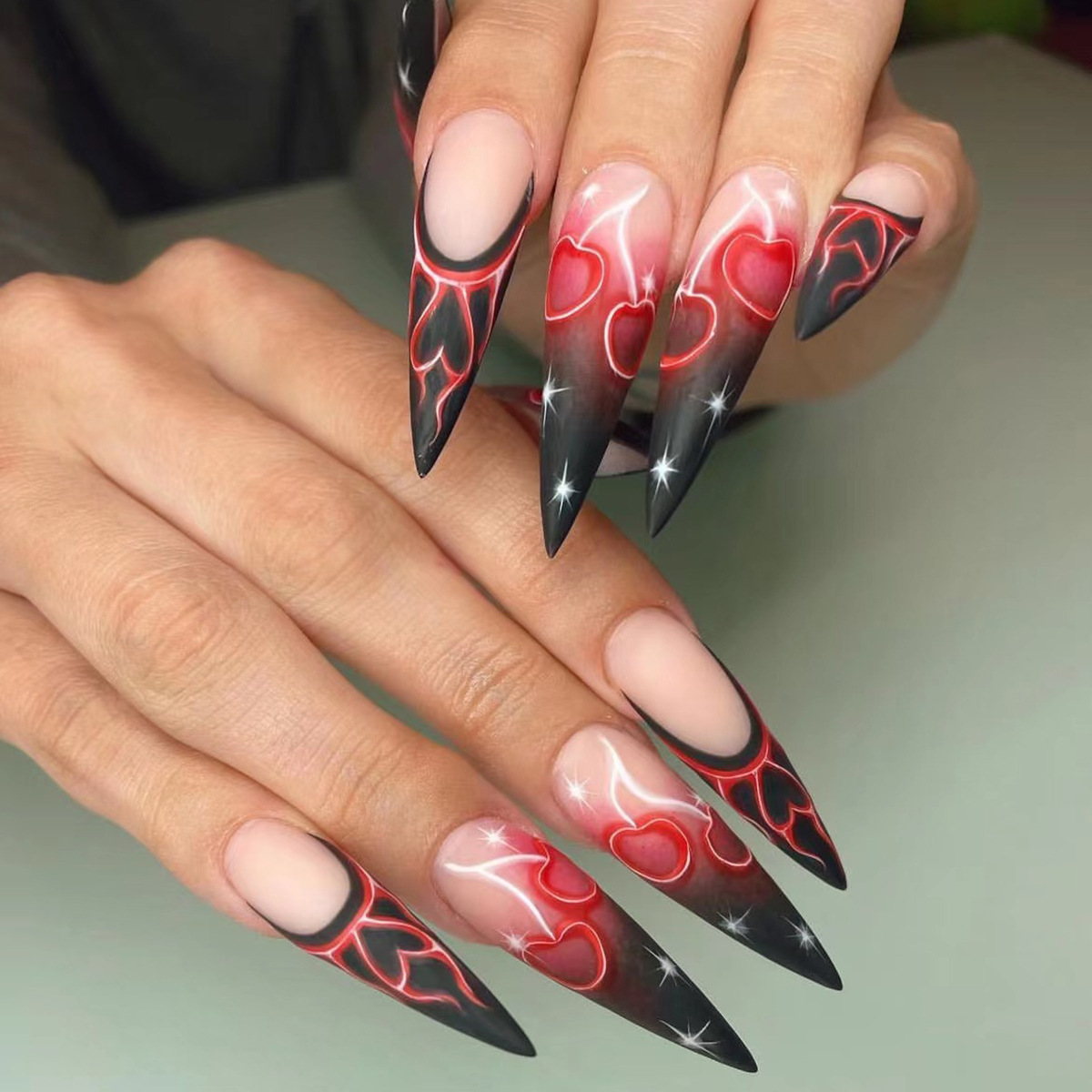 Halo Dyeing Bloodstain Design Long Pointed False Nails Halloween Detachable Finished Fake Nails Press on Nails with Jelly Glue  E0143A view 5