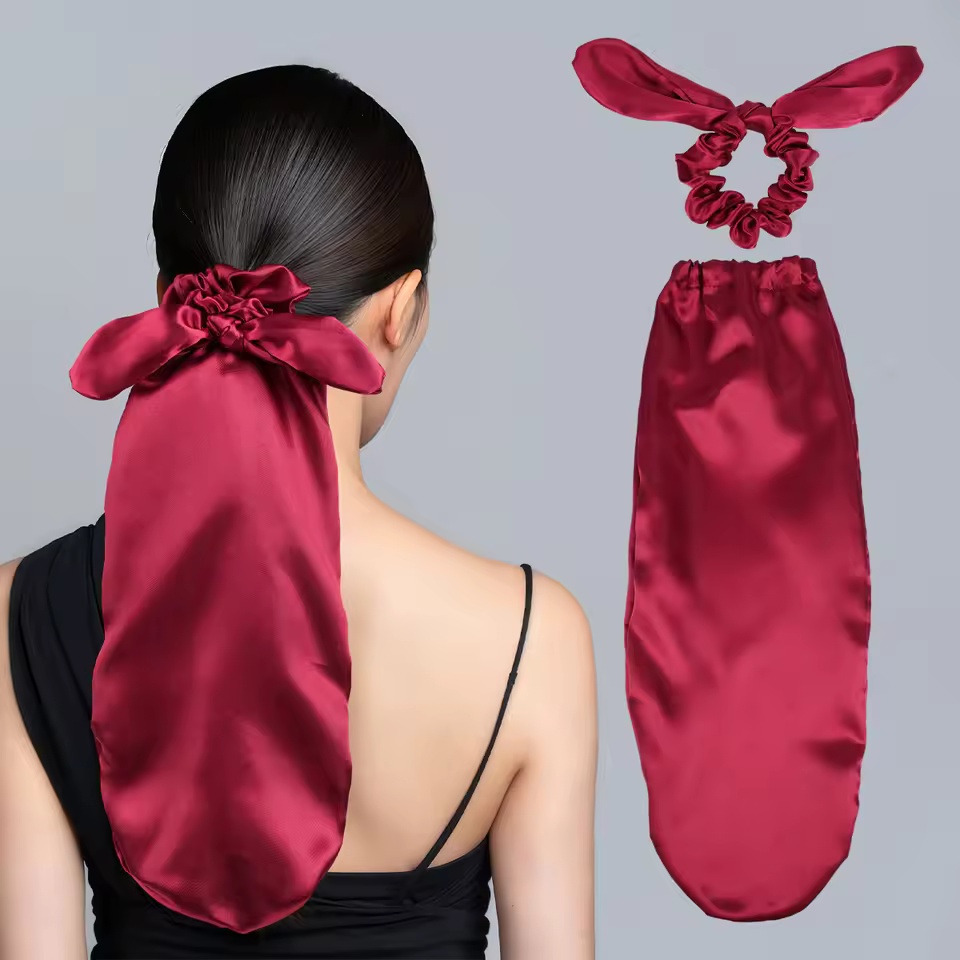 Satin Sleep Cap with Hair Bow Scrunchies, Soft Long Hair Bonnet for Long Hair, Hair Protector for Daily Use & Nighttime E0302